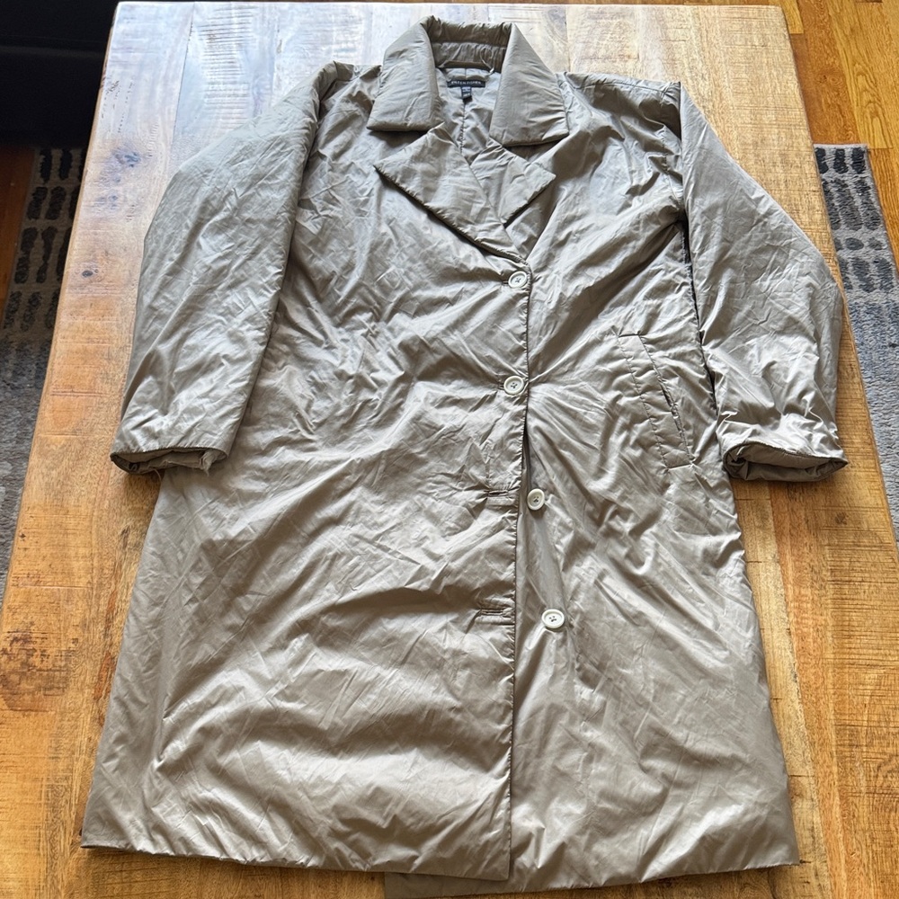 Eileen Fisher taupe midi nylon Puffer Coat -Button-Front Jacket small with flaws